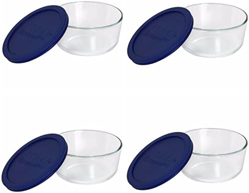 Pyrex Depolama Artı 7-cup Yuvarlak Cam Gıda saklama kabı Mavi plastik kapaklar (4 Konteyner Paketi)