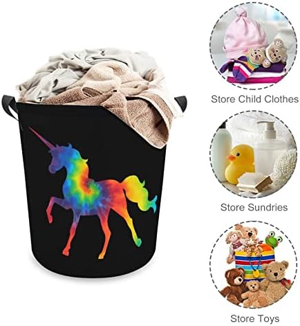 Kravat Boya Unicorn Baskılı çamaşır sepetleri Kolları ile Su Geçirmez Katlanabilir Yuvarlak Giysi Sepetleri Çanta