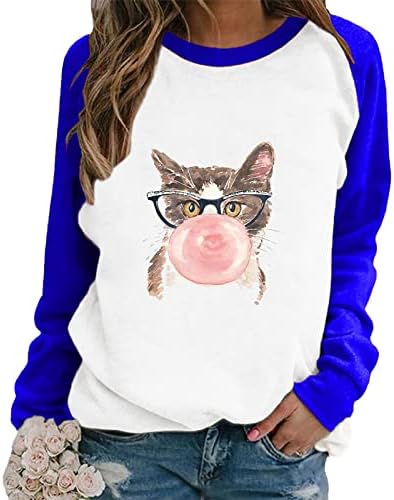 Komik Uzun Kollu Gömlek Kadınlar için Renk Bloğu Sevimli Kabarcık Kedi Grafik Tees Hayvan Baskı Rahat Bahar Fanilalar