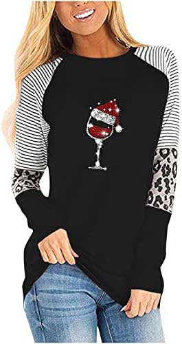 Noel şarap bardağı Gömlek Kadın Noel Leopar Çizgili Ekleme Kazak Renk Bloğu Rahat Uzun Kollu Üstleri