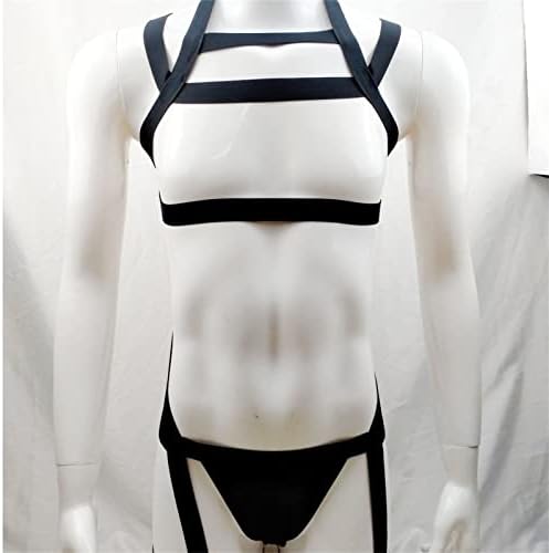 Erkek Seksi Vücut Koşum İç Çamaşırı Göğüs Strappy Elastik Jartiyer Bodysuit Halter Kas İç Çamaşırı Clubwear (Siyah,