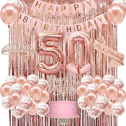 50th Doğum Günü Süslemeleri Kadınlar, Mutlu 50th Doğum Günü Afiş, Taç, Kanat, Kek Topper ve Numarası Balon, gül Altın