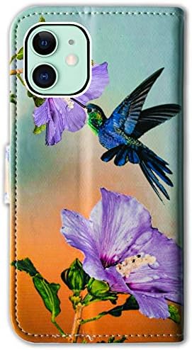Bcov iPhone 12 Mini Durumda, Hummingbird Mor Çiçek Deri Flip Telefon Kılıfı Cüzdan Kapak ile Kart Yuvası Tutucu Kickstand