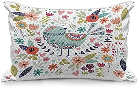 Ambesonne Kuş Baskı Kapitone Yastık Kılıfı, Botanik Çiçek Tasarım İllüstrasyonlu Folklorik Süs Kuş Hayvanı, Yatak
