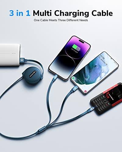 CAFELE Çoklu Şarj Kablosu [Taşınabilir Şarj] Tip C/Mikro USB/IP ile 3'ü 1 Arada Geri Çekilebilir Şarj Kablosu, Telefon