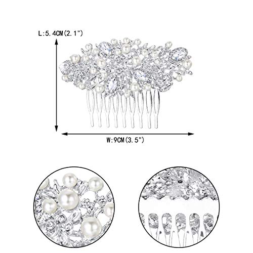 HİÇ İNANÇ Gelin Başlığı Rhinestone Kristal Krem Simüle İnci Çiçek Yaprak Asma Saç Tarak Temizle Gümüş Ton