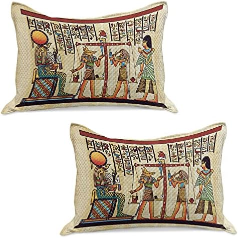 Lunarable Mısır Baskı Kapitone Yastık Kılıfı Seti 2, Papirüs El Yazması ve Tarihi Manzara Resmi İllüstrasyonu, Yatak