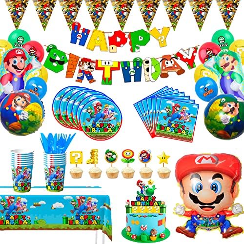 M-arioo Doğum Günü Partisi Malzemeleri, 115 adet M-arioo Parti Süslemeleri ve Sofra Takımı, Su-perr M-arioo Bros Balonlar