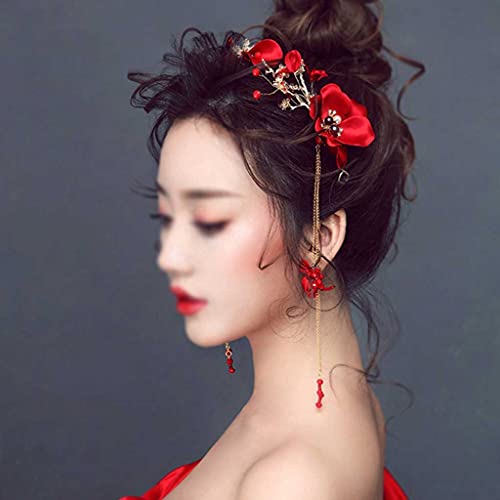 n / a Trendy 3 adet / takım Kırmızı Inci çiçekli saç bantları Kadınlar ıçin Gelin Püsküller Tiara Hairband Çin Düğün