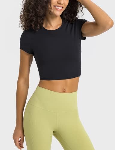 Malajısı kadın Nervürlü Kısa Kollu Ekip Boyun Kırpma Üstleri Atletik Yoga Slim Fit T-Shirt