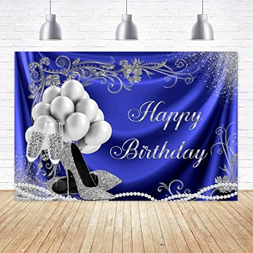 Aperturee 9x6ft Mutlu Doğum Günü Zemin Glitter Gümüş ve Mavi Noktalar Balonlar Yüksek Topuklu Gözlük Fotoğraf Arka
