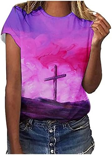 Gün batımı Çapraz grafikli tişört Kadın Vintage Yaz Üstleri Gömlek Kollu Crewneck günlük t-Shirt İsa Çapraz İnanç