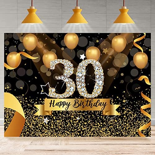 JASREE Vinil 7x5ft Mutlu 30th Doğum Günü Partisi Fotoğraf Backdrop Glitter Siyah ve Altın Balonlar Arka Plan için