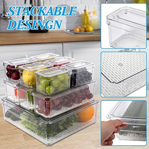 MorTime 10 Paket Buzdolabı Organizatör Kutuları kapaklı, 3 Boyutları İstiflenebilir Gıda Saklama Kapları Şeffaf Plastik