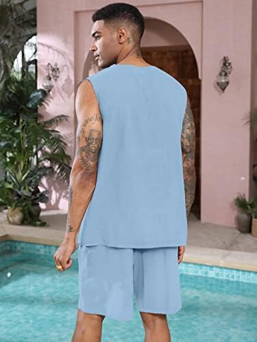 Lexiart Erkek Rahat Keten 2 Parça Kıyafetler Plaj Hawaii Kolsuz Gömlek Pamuk şort takımı Cepli