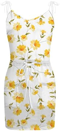 ıQKA Kadın Cami Elbise Spagetti Kayışı Kısa Mini Sundress Çiçek Baskı V Boyun Kravat Bel Rahat Plaj Sling Elbiseler