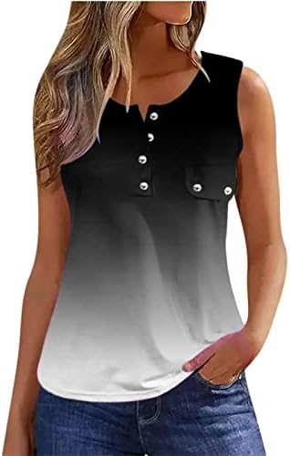 Kadın Kolsuz Henley Tankı Üstleri Yaz Temel Tankı Gömlek Casual Ekip Boyun Düğme Aşağı T Shirt Gevşek Fit Egzersiz