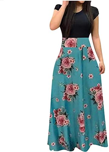 Maxi Elbise Kadınlar için Çiçek Baskı Boho Elbise Yüksek Bel Crewneck Kısa Kollu Gevşek Yaz Casual uzun elbise Artı