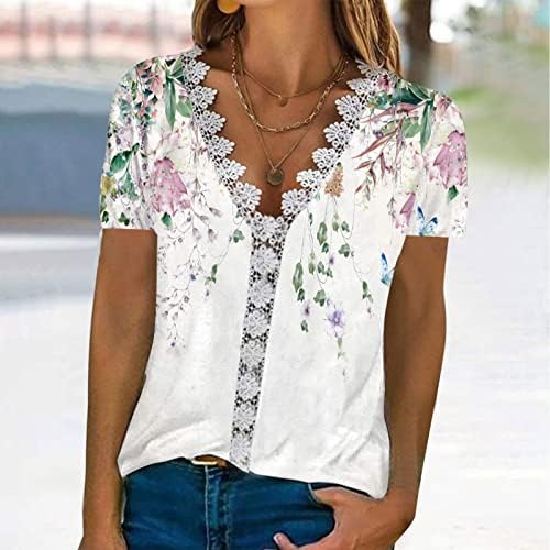 Kısa Kollu Gömlek Bayan V Boyun Dantel Spandex Çiçek Baskı Rahat Fit Salonu Bluzlar Tişörtleri Bayanlar CM
