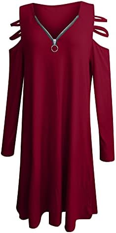 FEHLEGD Elbiseler Kadınlar için 2023 Zarif Fermuar V Boyun Cut Out Uzun Kollu Casual Katı Renk Gevşek Maxi Elbise