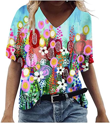 Kadın Yaz Üstleri 2023 Moda Kısa Kollu V Boyun T Shirt Manzara Çiçek baskı t-shirt Bayanlar Gevşek Fit Casual Bluz