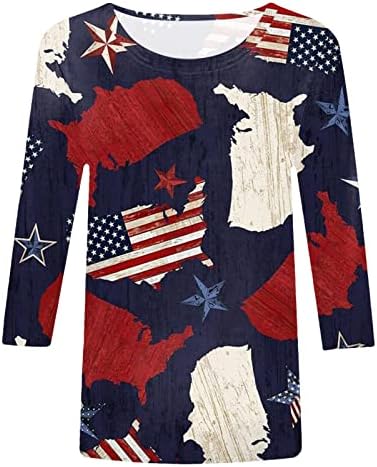 4th Temmuz Gömlek Kadınlar için ABD Bayrağı Yaz 3/4 Kollu Ekip Boyun Gömlek Dörtte Üçü Kollu Tatil Rahat Bluz Üst