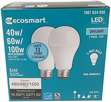 EcoSmart 100W Eşdeğer gün ışığı A19 3 Yollu Kısılabilir LED Ampul (2'li Paket)