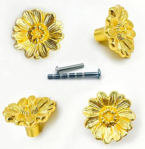 YOUYOUULU 4 Adet Altın Çiçekler Gül Çekmece Kolları, Antika Ağır Sağlam Altın Gül Çeker, Retro Metal Dolap Mobilya