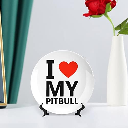 I Love My Pitbull Baskılı Kemik Çini Dekoratif Levha Yuvarlak Tabaklar Zanaat Ekran Standı ile Ev Ofis için Duvar