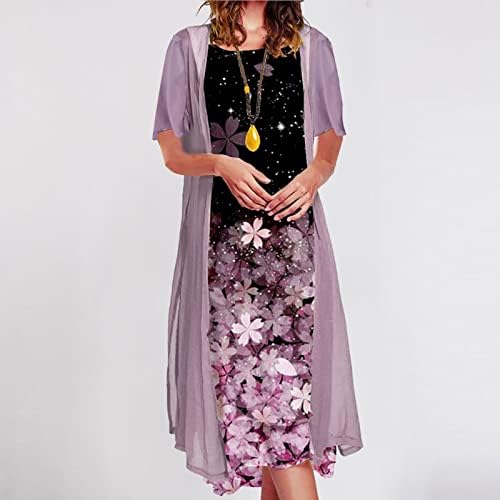 Bayan Hırka ve Maxi Elbise 2 Parça Set Moda Şifon Casual Önlük Üstleri Kolsuz Çiçek Sundress Kıyafetler