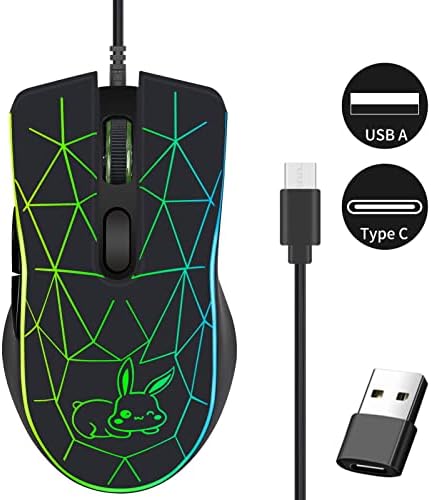 USB Adaptörlü HXMJ Kablolu USB C Oyun Fareleri, Apple MacBook için 7 Renk Arkadan Aydınlatmalı, C Tipi Bağlantı Noktalı