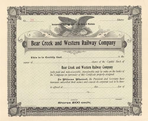 Bear Creek ve Batı Demiryolu A. Ş. - Stok Sertifikası