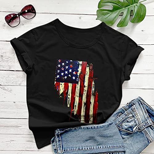 4th Temmuz Tee Gömlek Kadınlar için Kısa Kollu V Yaka T-Shirt Amerikan Bayrağı Çizgili Kravat Boya Vatansever Gömlek