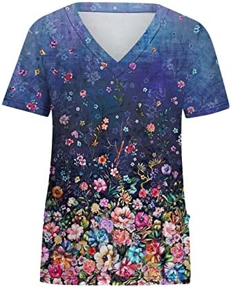 Kadın Rahat iş giysisi moda Çiçek baskılı Tunik Üstleri V Boyun Kısa Kollu Scrub_Shirts Cepli
