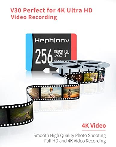 Hephinov 256 GB microSDXC Kart, UHS-I Yüksek Hız kadar 100 mb/s Mikro SD kart Adaptörü ile, C10 U3 V30 A2, 4 K UHD