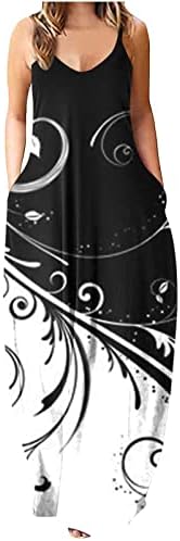 Artı Boyutu Maxi Elbise Kadınlar için Rahat Kolsuz V Boyun Spagetti Kayışı Baskı Sundress Yaz Gevşek Uzun Elbiseler