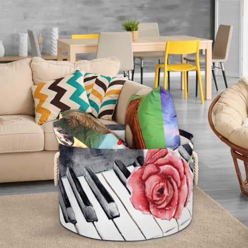 Siyah Beyaz Piyano Tuşlarında Güller Depolama için Büyük Yuvarlak Sepetler Kulplu Çamaşır Sepetleri Banyo Rafları