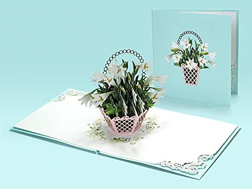 CUTPOPUP Doğum Günü Kartı Açılır, anneler Günü, 3D Tebrik, Teşekkür Kartı (Beyaz Zambak Çiçekleri Sepeti)