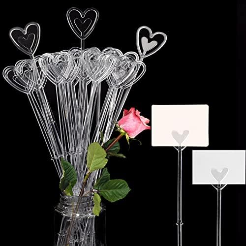 KİMOBER 100 ADET Plastik Çiçek Yer Kart Tutucu, 9 İnç Şeffaf Kalp Çiçek Seçtikleri Fotoğraf Memo Klipler Hediye Kart