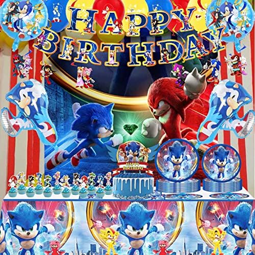 Sonic Doğum Günü Partisi Malzemeleri Seti, 123 Adet Sonic Doğum Günü Partisi Süslemeleri Zemin, Afiş, Balonlar, Kek