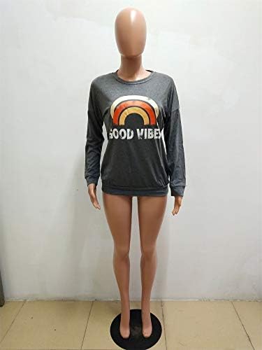 Andongnywell kadın Uzun Kollu Mektup Baskı Gökkuşağı Grafik Üstleri Yuvarlak Boyun Gökkuşağı Baskılı T Shirt (Siyah