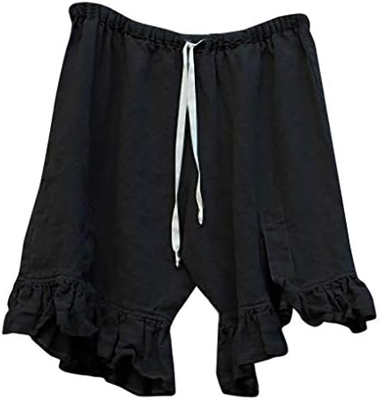 Moda Artı Boyutu Şort, İtalyan kadın Rahat Katı Keten Yüksek Bel Kravat Gevşek Geniş Kısa Bacak Pantolon (M, Siyah)