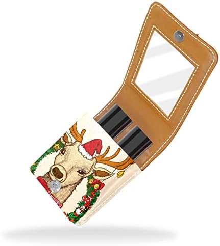 ORYUEKAN Ruj Kılıfı Ayna ile Sevimli Taşınabilir Makyaj Çantası kozmetik torbası, Noel Elk Garland Retro Karikatür