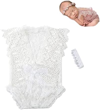 Yenidoğan Bebek Fotoğraf Sahne Çiçek Kafa Bandı ve Dantel Romper Bodysuit Örgü Kıyafetler Kızlar için Fotoğraf Çekimi