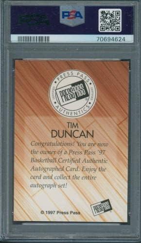 1997 Basın Kartı Tim Duncan İmzası PSA / DNA Sertifikalı İmzalı MİNT 9 Otomatik 10-NBA Kesim İmzaları