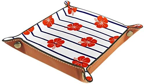 Kırmızı fibisküs çiçeği Deniz Çizgili Deri Kare Takı Tepsileri anahtar sikke şeker saklama kutusu Haddeleme Zar Oyunları
