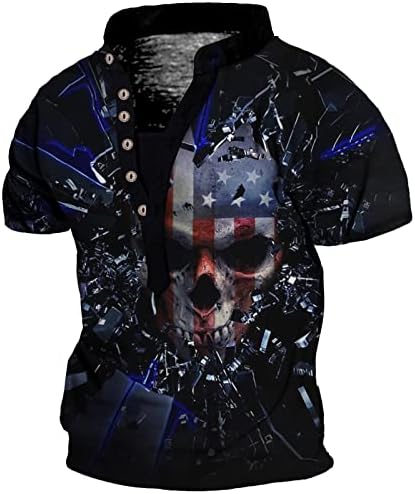Gömlek Paketleri erkek Amerikan 4 Temmuz Bağımsız Gün 3D Baskı Henley T Shirt Düğmesi Kısa Kollu Üstleri Koyu Gömlek