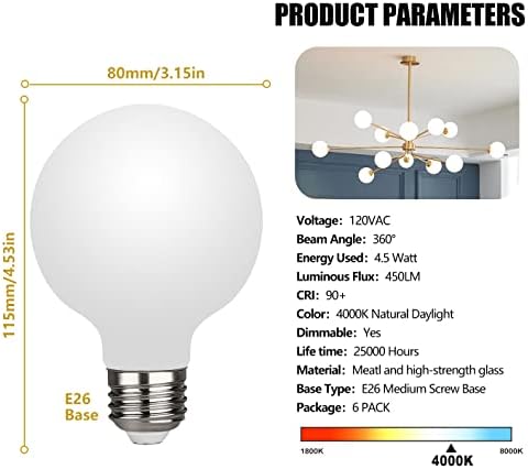 RuiAoTD G25 (G80) LED Edison Küre Ampuller, Doğal Beyaz 4000K CRI 90, 5W Eşdeğer 40W, 450lm Sütlü Cam Kaplama, E26