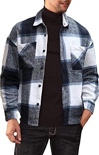 Kwoki erkek Rahat Ekose Gömlek Ceket Uzun Kollu Düğme Aşağı Yün Karışımı Shacket Dış Giyim Ceket