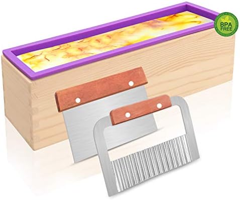 Silikon Sabun Kalıbı - Esnek Dikdörtgen Ekmek Kalıbı, Sabun Yapımı için Ahşap Kutu, Paslanmaz Çelik Dalgalı + Düz